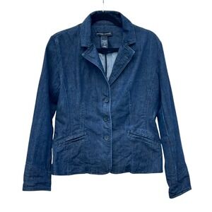 New York & Company Fitted L/S Vented Denim Jacket Womens Sz 12 Dark Blue Pockets